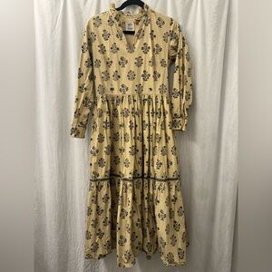 DAYDRESS UK BOHO Beige Floral Long Sleeve Tiered Midi Dress Cotton Ruffle SM